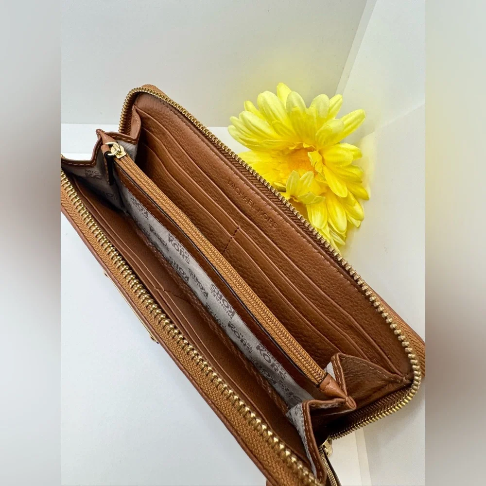 Michael Kors Chestnut Leather Zip Around Wallet Clutch Gold Accents